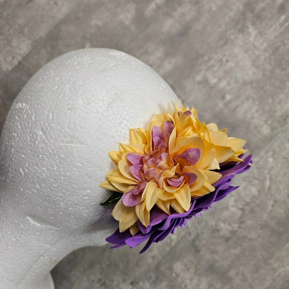 Floral Hair Clip Purple Yellow Dahlia Flower‎ Fascinator Wedding Races Tiki VLV